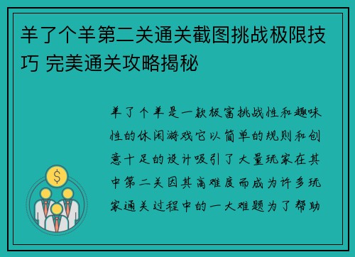 羊了个羊第二关通关截图挑战极限技巧 完美通关攻略揭秘