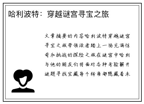 哈利波特：穿越谜宫寻宝之旅